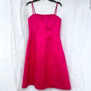 Vintage Square Neckline Pink Satin Spaghetti Strap Mid Dress